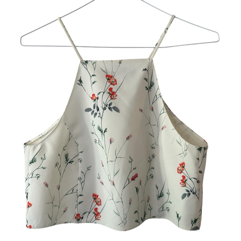 ZARA GREEN & CREAM FLORAL RACER BACK STYLE A-LINE TANK OVERLAP AT REAR SZ MED - Picture 3 of 8